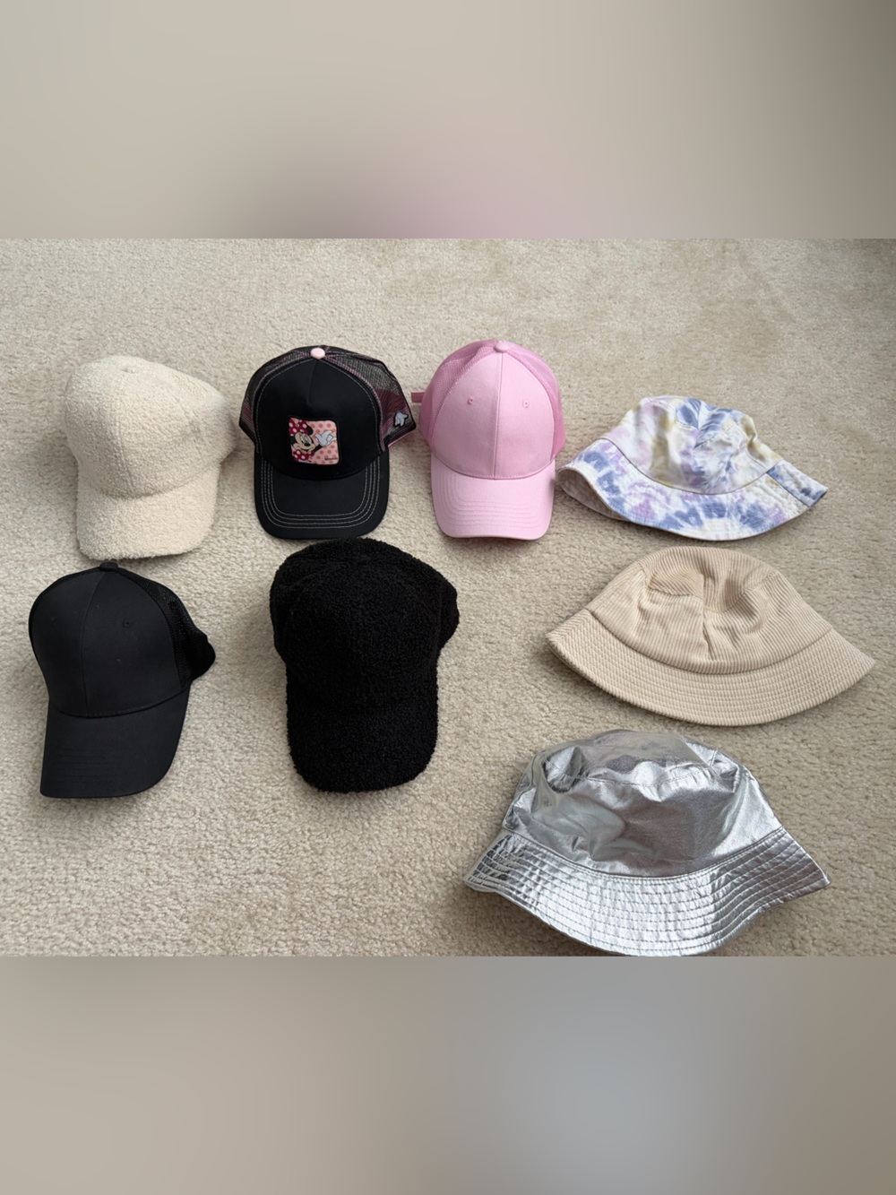 Mixed Women’s Hat Set with Silver Metallic Bucket & Pastel Caps